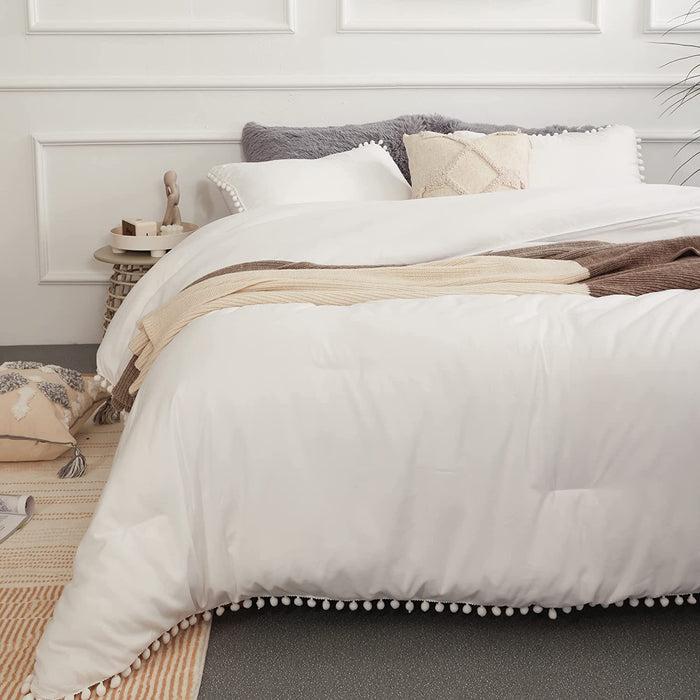 off White Queen Ball Pom Fringe Design Comforter Set 3Pcs, 3 Pieces Boho Aesthetic Luxurious Queen Bedding Set, Vintage Ultra Soft Microfiber Comforter Set
