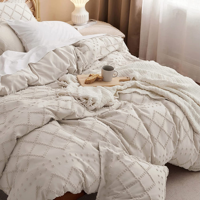 Bedsure Boho Duvet Cover Queen - Boho Bedding, Tufted Queen Duvet Cover for All Seasons, 3 Pieces Embroidery Shabby Chic Home Bedding Duvet Cover Set (Beige, Queen, 90X90)