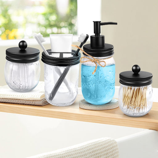 Set of 4 Mason Jar Bathroom Accessories - Clear Mason Jar Soap Dispenser&2 Apothecary Jars & Toothbrush Holder - Bathroom Home Decor Clearance, Countertop Vanity Organizer