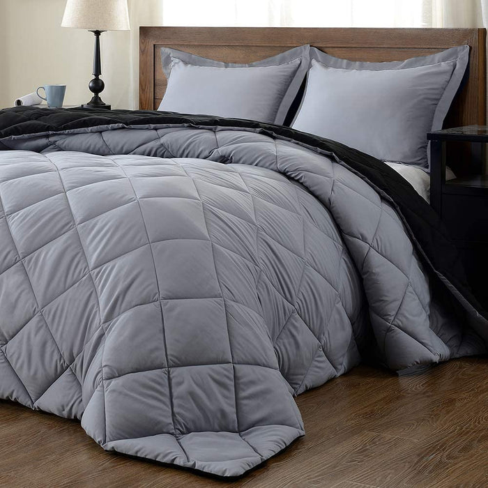 Lightweight Solid Comforter Set (King) with 2 Pillow Shams - 3-Piece Set - Black and Grey - down Alternative Reversible Comforter