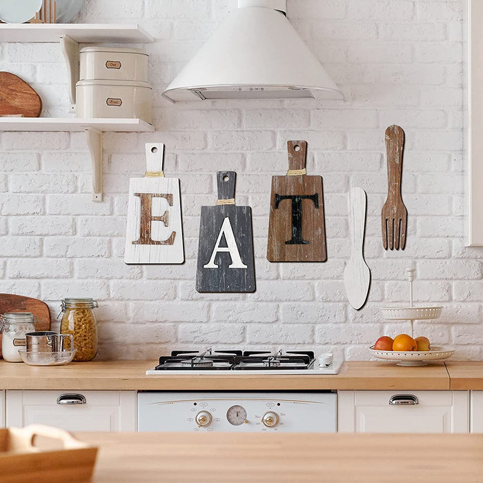 Cutting Board Eat Sign Set Hanging Art Kitchen Eat Sign Fork and Spoon Wall Decor Rustic Primitive Country Farmhouse Kitchen Decor for Kitchen and Home Decoration (Gray, White, Brown)