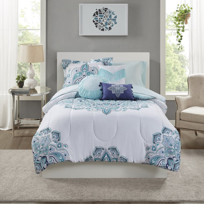 Mainstays Teal Medallion 10 Piece Bed in a Bag Comforter Set with Sheets, King
