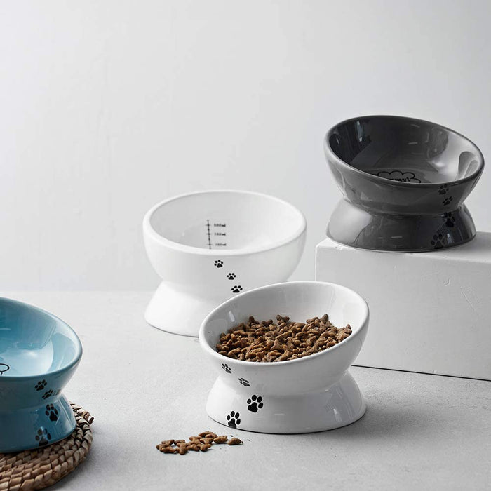 Raised Cat Food Bowl, Ceramic Elevated Cat Bowl, Title Angle Protect Cat'S Spine, anti Vomiting Cat Dish, Backflow Prevention, Grey