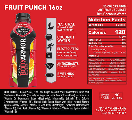 BODYARMOR Sports Drink Sports Beverage, Fruit Punch, Natural Flavors with Vitamins, Potassium-Packed Electrolytes, Perfect for Athletes, 16 Fl Oz (Pack of 12)