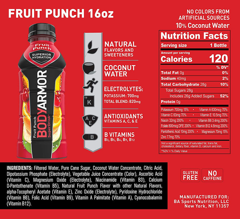 BODYARMOR Sports Drink Sports Beverage, Fruit Punch, Natural Flavors with Vitamins, Potassium-Packed Electrolytes, Perfect for Athletes, 16 Fl Oz (Pack of 12)