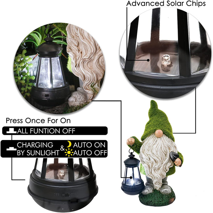 Garden Gnomes Decorations for Yard with Lantern Solar Light, 13" Cute Large Moss Garden Sculptures & Statues Outdoor Lawn Ornaments Garden Gifts for Spring Front Porch Patio