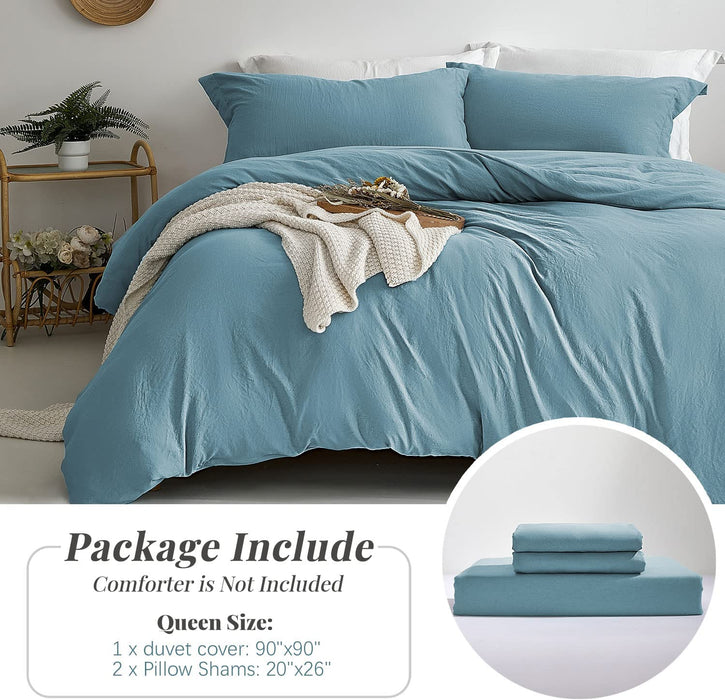 Duvet Cover Queen Size - Super Soft Grayish Blue Duvet Cover Set 3 Piece 100% Washed Microfiber Bedding Set with Zipper Closure, 1 Comforter Cover 90X90 Inches and 2 Pillow Shams