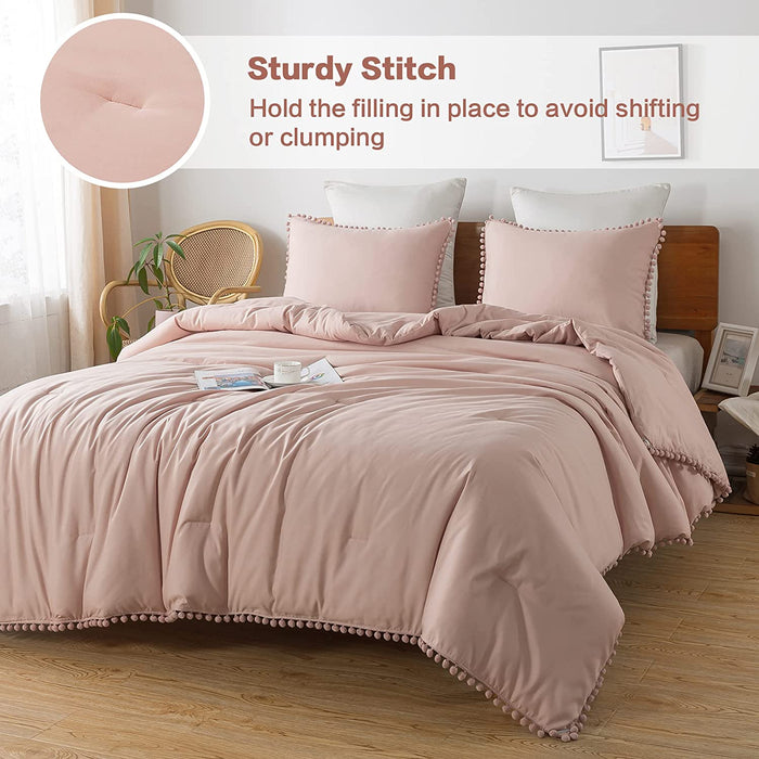 Blush Pom Pom Fringe Comforter Full(79X90 Inch), 3 Pieces(1 Boho Comforter and 2 Pillowcases) Aesthetic Boho Comforter, Lightweight Soft Microfiber down Alternative Bedding Set