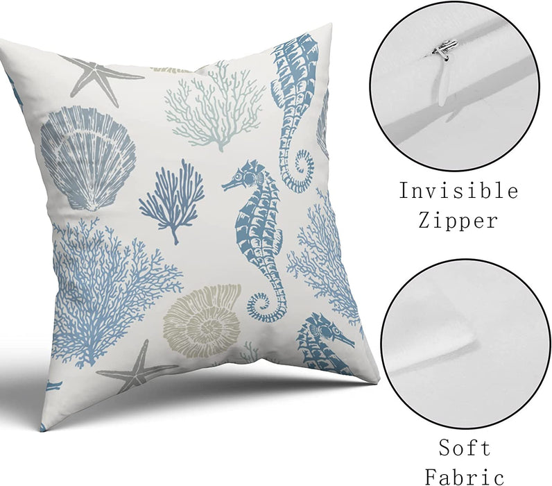 Nautical Coastal Pillow Covers 18X18 Set of 2 Coral Seashell Starfish Seahorse Beach Decorative Throw Pillows Summer Ocean Pillowcase Cotton Square Cushion Cover Decor for Home Couch Bed Soft