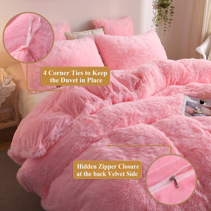 3 Piece Fluffy Duvet Cover Set, Luxury Ultra Soft Faux Fur Fuzzy Comforter Cover Set, Velvet Shaggy Plush Furry Bedding Set with 2 Pillow Covers, Zipper Closure, Queen Size, Pink