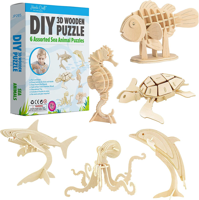 Hands Craft DIY 3D Wooden Puzzle – 6 Assorted Wild Animals Bundle Pack Set Brain Teaser Puzzles Educational STEM Toy Adults and Kids to Build Safe and Non-Toxic Easy Punch Out Premium Wood JP2B8