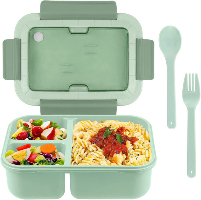 Bento Box, Bento Box for Adults, 49 OZ 3 Compartments Bento Lunch Box with Spoon & Fork, Leakproof Bento Box, Microwave Safe