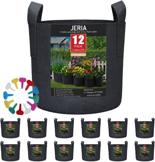 12-Pack 5 Gallon, Vegetable/Flower/Plant Grow Bags, Aeration Fabric Pots with Handles (Black), Come with 12 Pcs Plant Labels