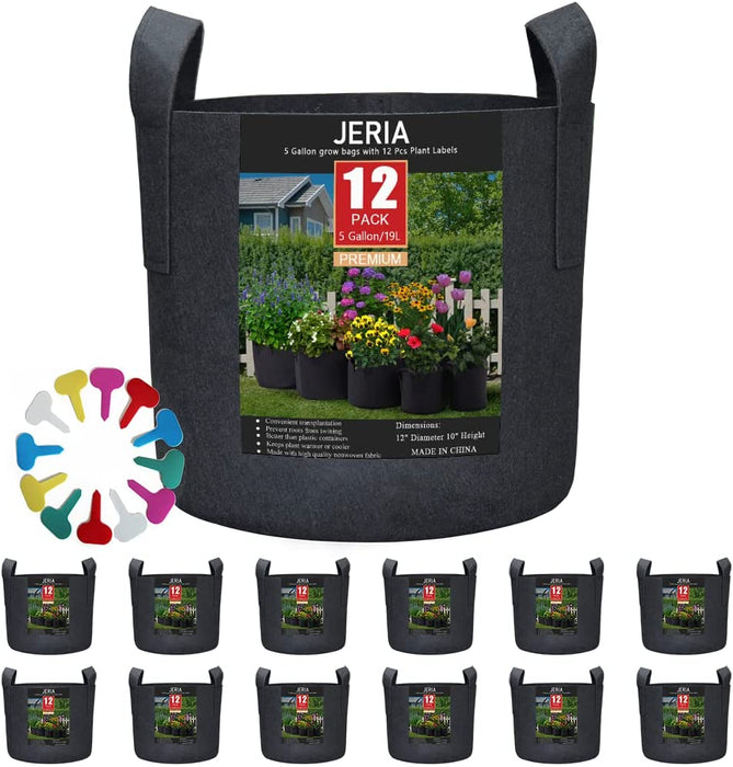 12-Pack 5 Gallon, Vegetable/Flower/Plant Grow Bags, Aeration Fabric Pots with Handles (Black), Come with 12 Pcs Plant Labels
