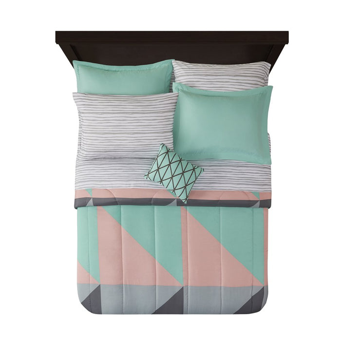 Mainstays Gray and Teal Geometric 8 Piece Bed in a Bag Comforter Set with Sheets, Queen