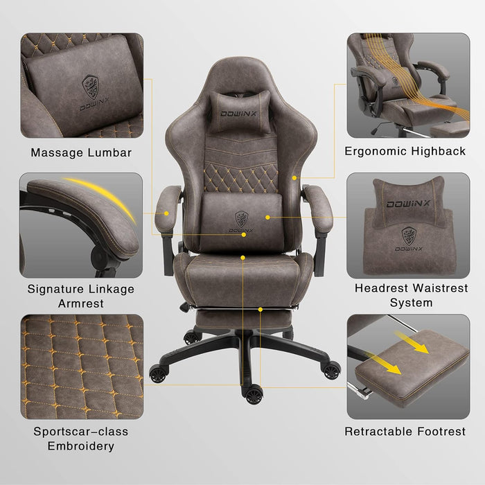 Gaming Chair Office Chair PC Chair with Massage Lumbar Support, Vintage Style PU Leather High Back Adjustable Swivel Task Chair with Footrest (Brown)