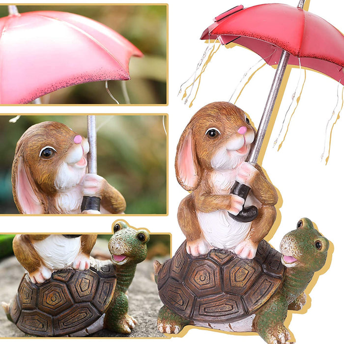 Solar Garden Statue Outdoor Decor, Rabbit Siting on Turtle Holding an Umbrella with String Lights, Easter Bunny Statue for Patio, Lawn, Yard Art Decoration, Housewarming Garden Gift
