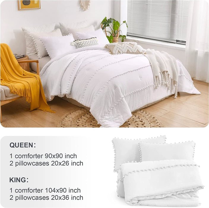 White Boho King Size Comforter Set, Striped Cute Pom Pom Bedding Bedspread 3 Pieces(1 Aesthetic Pom Comforter +2 Pillowcases) Soft Cozy Fluffy Farmhouse Shabby King Bedding Set All Season