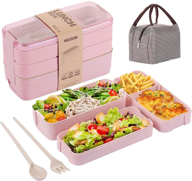 Bento Box Lunch Box for Adults Kids,  3-In-1 Compartment Containers - Wheat Straw, Leakproof Eco-Friendly Bento Lunch Box Meal Prep Containers Microwave Safe (Beige)