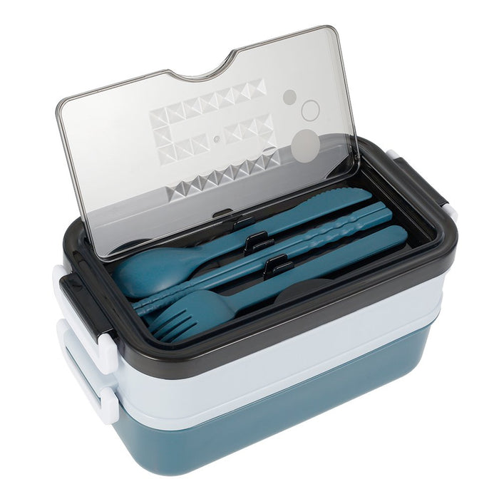 Lunch Box 2-Layer 3-Compartment Bento Box Cutlery Set Portable Leak Proof Food Container Storage Box with Fork Spoon Chopsticks for Kid Adult Work School (Blue, Pink)