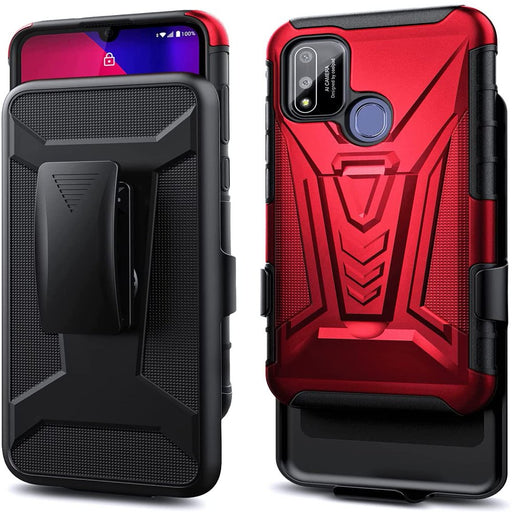 Coolpad SUVA Phone Case with Tempered Glass Screen Protector (Full Coverage),  Belt Clip Holster with Built-In Kickstand, Heavy Duty Shockproof Armor Rugged Case (Red)