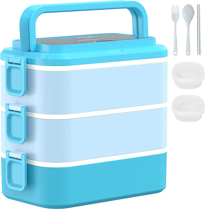 Bento Box Lunch Box, Adult Lunch Container with 3L Large Capacity, Microwave Safe 3 Layers Stackable Lunch Box, Leakproof Food Container with Dividers and Sauce Boxes for Kids and Adults