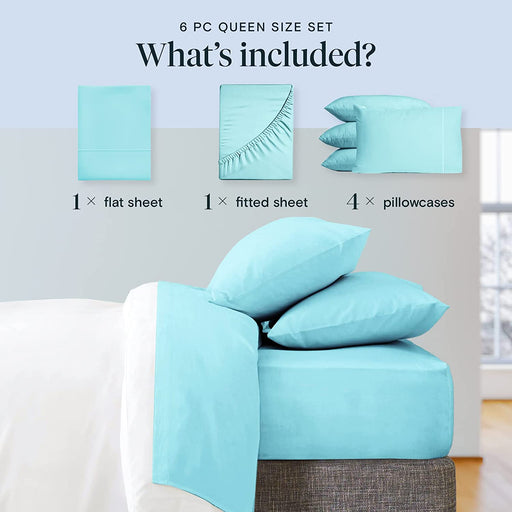 6 PC Sheet Set Sheets Deep Pockets 18" Eco Friendly Wrinkle Free Sheets Machine Washable Hotel Bedding Silky Soft - Aqua Queen