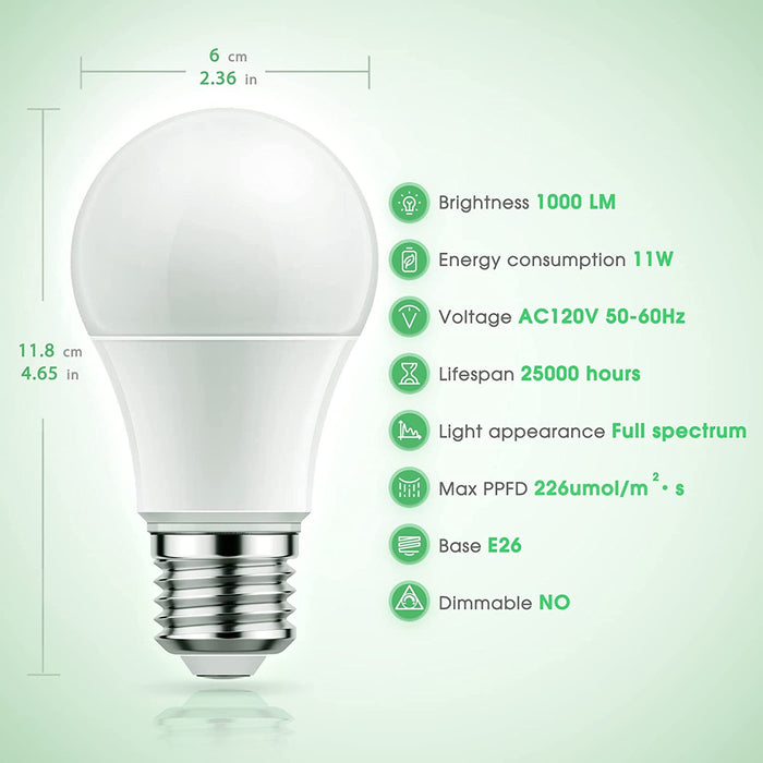 Grow Light Bulbs,  LED Grow Light Bulb A19 Bulb, Full Spectrum Grow Light Bulb, Plant Light Bulbs E26 Base, 11W Grow Bulb 100W Equivalent, Grow Light for Indoor Plants, Seed Starting, 2Pack