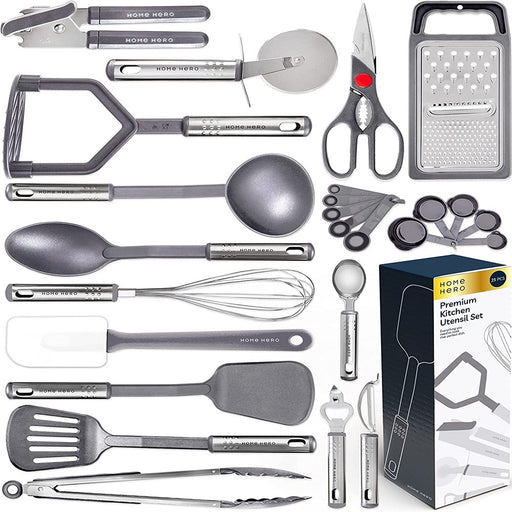 25Pc Kitchen Utensils Set - Nylon & Stainless Steel Cooking Utensils Set - Non-Stick Kitchen Utensils with Spatula - Kitchen Gadgets Cookware Set - Kitchen Tools Set (25 Piece, Gray)