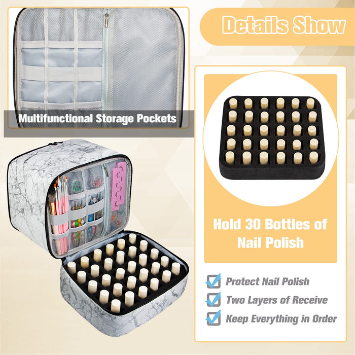 Nail Polish Organizer and Nail Dryer Case, Double-Layer Nail Polish Storage Holds 30 Bottles (15Ml/0.5 Fl.Oz) and 1 Led Nail Lamp, Travel Carrying Case for Nail Polish Kit Set (Marbling-White)