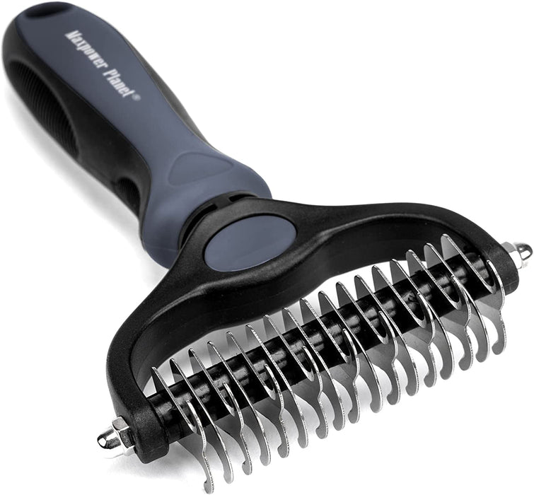 Pet Grooming Brush - Double Sided Shedding and Dematting Undercoat Rake Comb for Dogs and Cats,Extra Wide, Blue, Dog Grooming Brush, Dog Shedding Brush