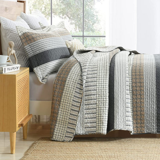 Quilt Queen Size, Queen Quilt Set, Cotton Quilt, Grey Striped Queen Quilt Bedding Set Bedspreads, Reversible Lightweight Quilt Bedspread Set for All Season, 3-Piece
