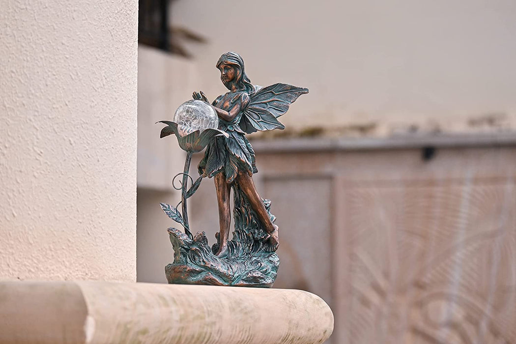 Large Garden Fairy Outdoor Statue, Solar Garden Sculptures & Statues with Crackle Glass Globe, Bronze Patina Garden Art for Lawn Patio Yard Decor 13.2 Inch