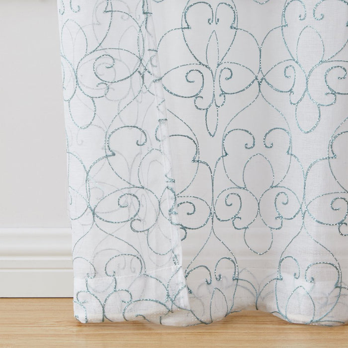 Mainstays Modern Scroll Aqua Rod Pocket Sheer Curtain Set, 28" X 95" (4 Panels)