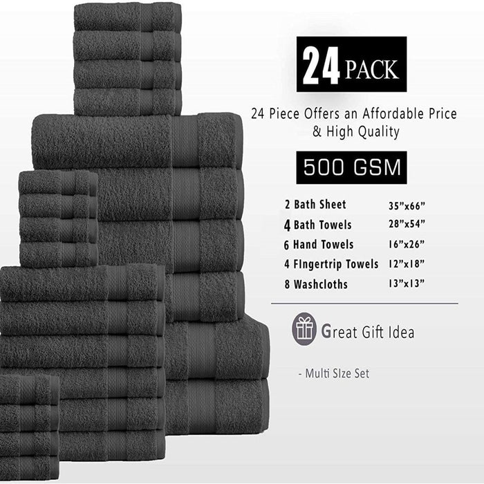 24PC Bath Towel Set (2 Sheets, 4 Bath, 6 Hand, 4 Fingertip & 8 Wash) - Grey, Addy Home Best Value