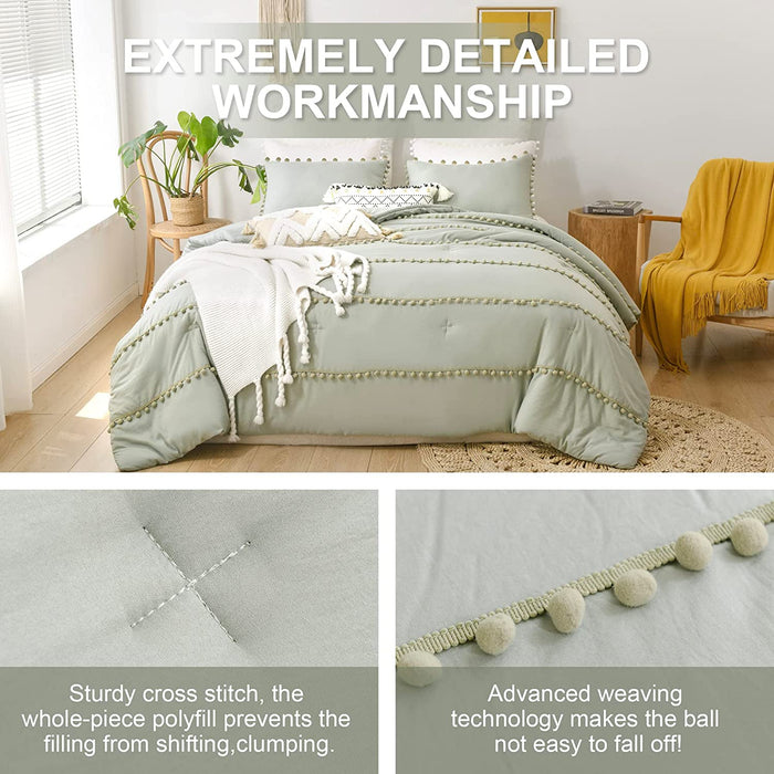 Sage Green Comforter King Size Bed Set,Boho Pom Pom Stripes Bedding Comforter Set Ultra Soft Down-Alternative Bedding Machine Washable 3 Pieces