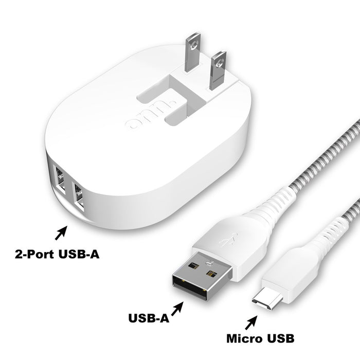 Onn. 4.8A Dual-Port Wall Charging Kit with 3FT Micro-Usb to USB Cable, White,180 Degree Folding and Fridendly Plug,Cell Phone Charger,