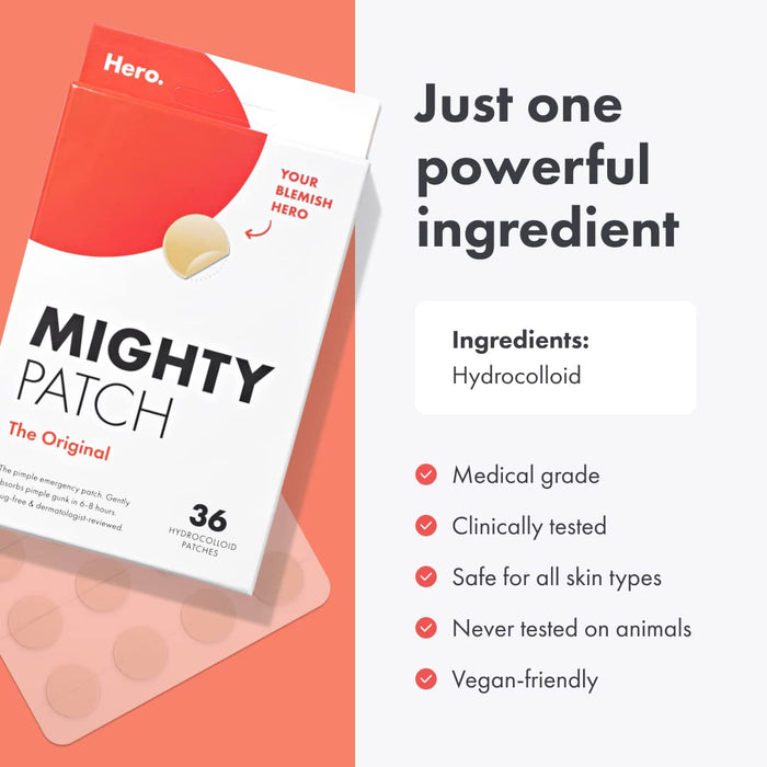 Original from Hero Cosmetics - Hydrocolloid Acne Pimple Patch for Covering Zits and Blemishes, Spot Stickers for Face and Skin, Vegan-Friendly and Not Tested on Animals (36 Count)