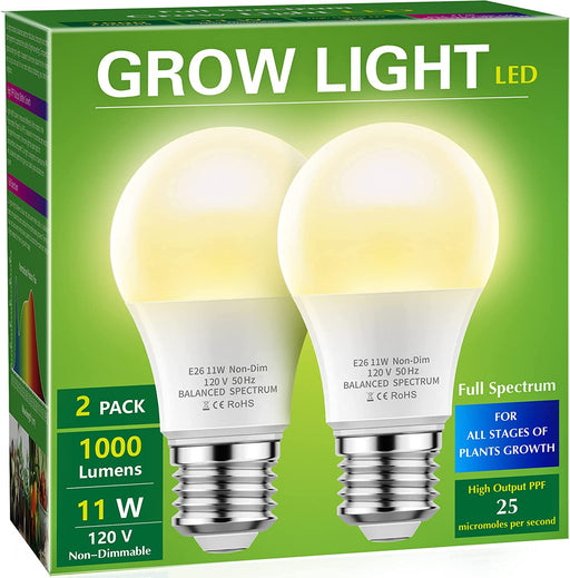 Grow Light Bulbs,  LED Grow Light Bulb A19 Bulb, Full Spectrum Grow Light Bulb, Plant Light Bulbs E26 Base, 11W Grow Bulb 100W Equivalent, Grow Light for Indoor Plants, Seed Starting, 2Pack