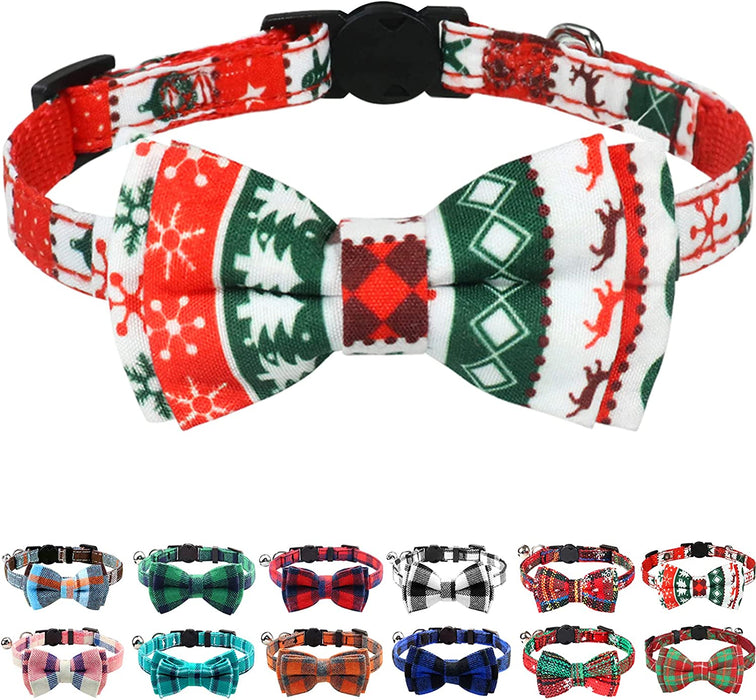 Breakaway Cat Collar with Cute Bow Tie and Bell, Plaid Patterns, 1 Pack Girl Boy Kitty Safety Collars, Blue