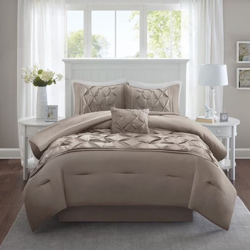 Comfort Spaces Cavoy Faux Silk 5-Piece Tufted Taupe Comforter Set with Bed Skirt and Decorative Pillow, King