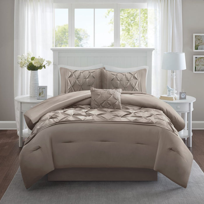 Comfort Spaces Cavoy Faux Silk 5-Piece Tufted Taupe Comforter Set with Bed Skirt and Decorative Pillow, King