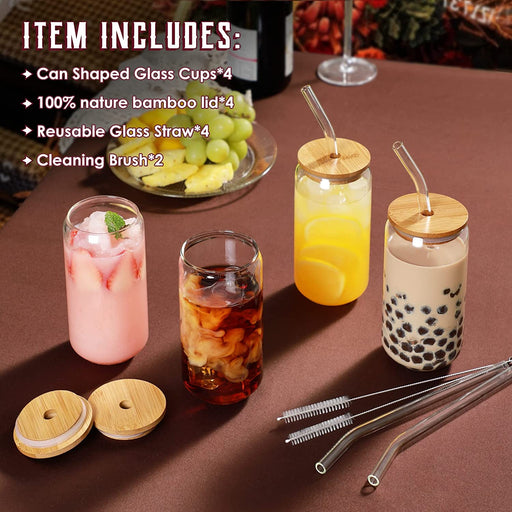 Drinking Glasses with Bamboo Lids and Glass Straw 4Pcs Set - 16Oz Can Shaped Glass Cups, Beer Glasses, Iced Coffee Glasses, Cute Tumbler Cup, Ideal for Cocktail, Whiskey, Gift - 2 Cleaning Brushes