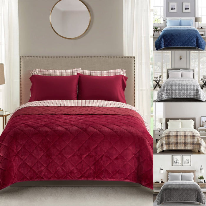 Dearfoams Burgundy Velvet Plush 7 Piece Quilt Bedding Set with Flannel Sheets, Full