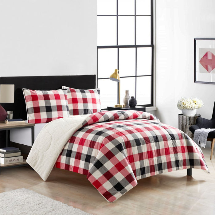 Mainstays Reverse to Sherpa Comforter Set, Full/Queen, Red Plaid, Polyester