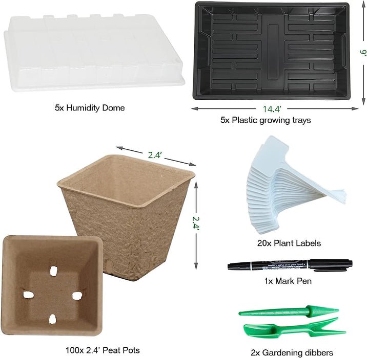 Seed Starter Kit with 100 Peat Pots for Seedlings Seed Starter Tray Plastic Growing Trays 20 Plant Labels Outdoor or Indoor Herb Garden Nursery