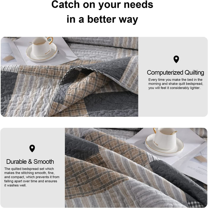 100% Cotton Quilt Set Queen Size,Patchwork Plaid Queen Quilt Bedding Set Bedspreads,Farmhouse Lightweight Comforter,Grey/Gray/Black/Tan/White/Cream Reversible Quilt for Queen Bed,3 Pieces