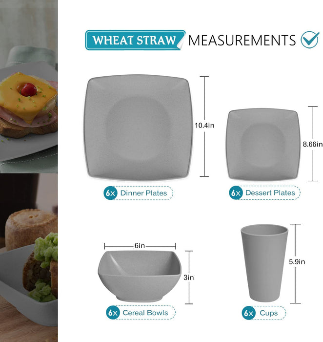 24-Piece Wheat Straw Square Dinnerware Set for 6, Unbreakable Dinner Plates, Salad Plates, Snack Bowls, Tumblers 20 Oz, Dishwasher Safe (Service for 6 (24 Pieces), Grey)