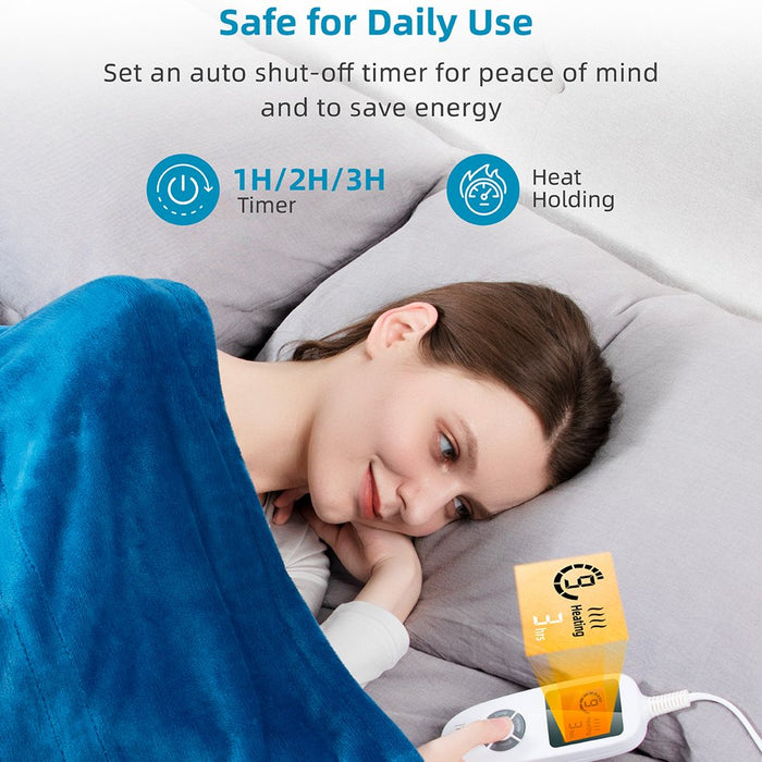Electric Blanket Heated Blanket 50" X 60" Flannel Heated Throw with 10 Heating Levels, Auto-Off, Machine Washable, Blue