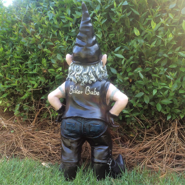 Homestyles "Biker Babe & Dude" the Biker Gnome Riding His Black Bike in Leather Motorcycle Gear Large Outdoor Garden Statue 14.5"H and 12"H